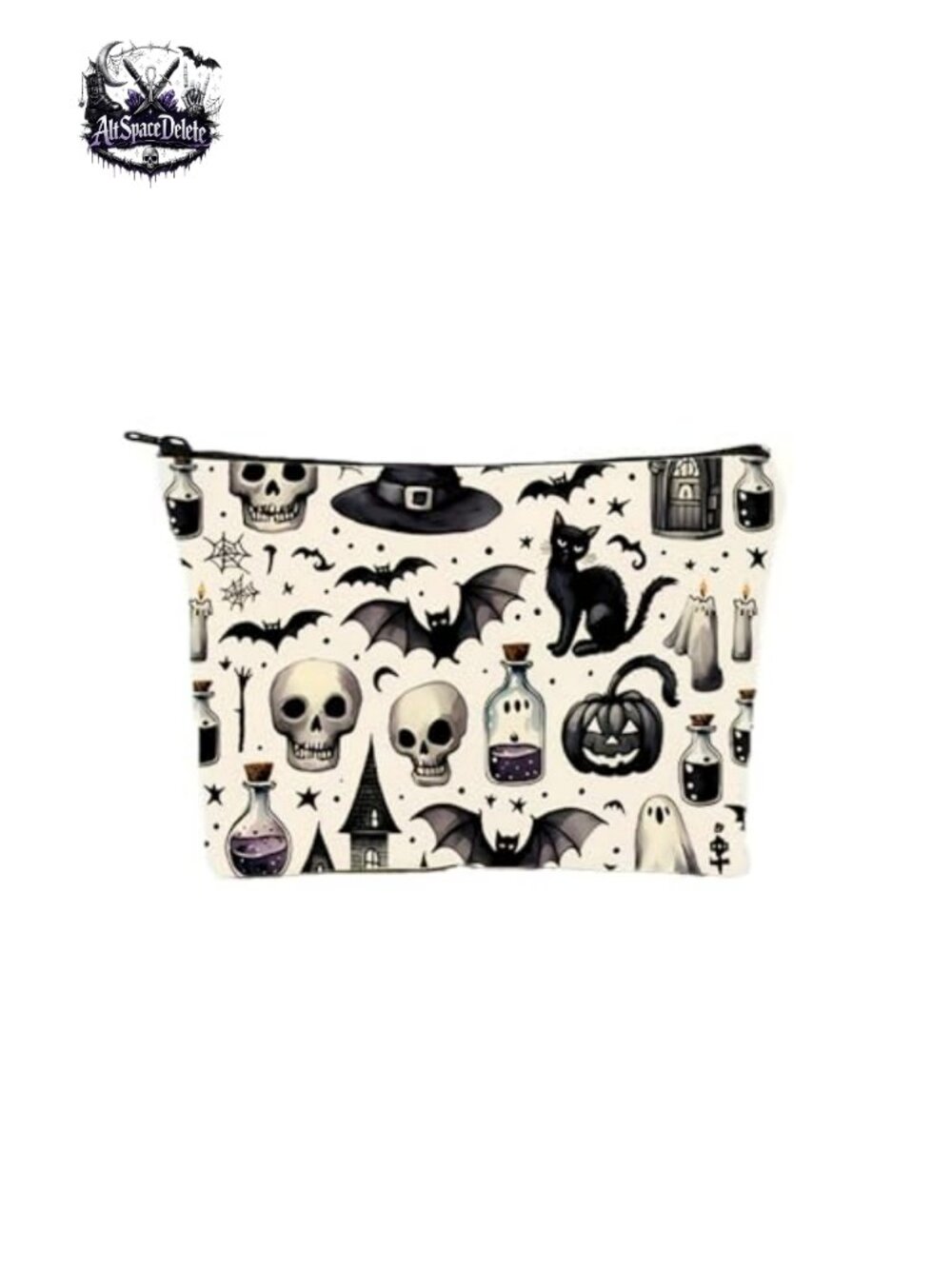 Horror Movie Cosmetic Bag Skull Bat Pattern Travel Makeup Pouch Zipper
